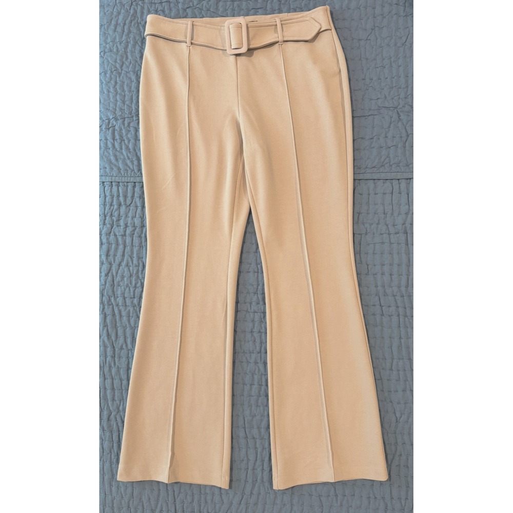 NYCC Pull On Flare Dress Pants Women's 12 Taupe Belted Stretch Pintuck Career